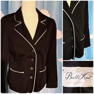 Vintage polyester cardigan jacket, black w white trim. S